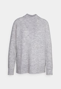 Light grey long-sleeve sweater made of soft knit fabric. Features a high crew neck and ribbed cuffs, with a relaxed fit and minimal texture variation.