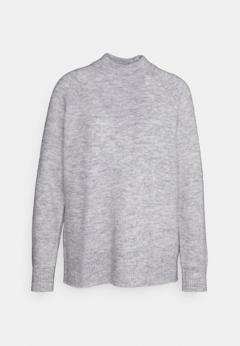 Light grey long-sleeve sweater made of soft knit fabric. Features a high crew neck and ribbed cuffs, with a relaxed fit and minimal texture variation.