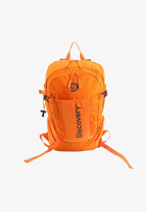 Orange backpack made of durable nylon, featuring multiple compartments, adjustable straps, and a logo printed on the front.
