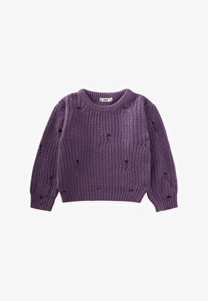 Violets adīts džemperis ar ribotu apaļu kakla izgriezumu un caurumiem visā virsmā, ar garām piedurknēm un brīvu piegriezumu.