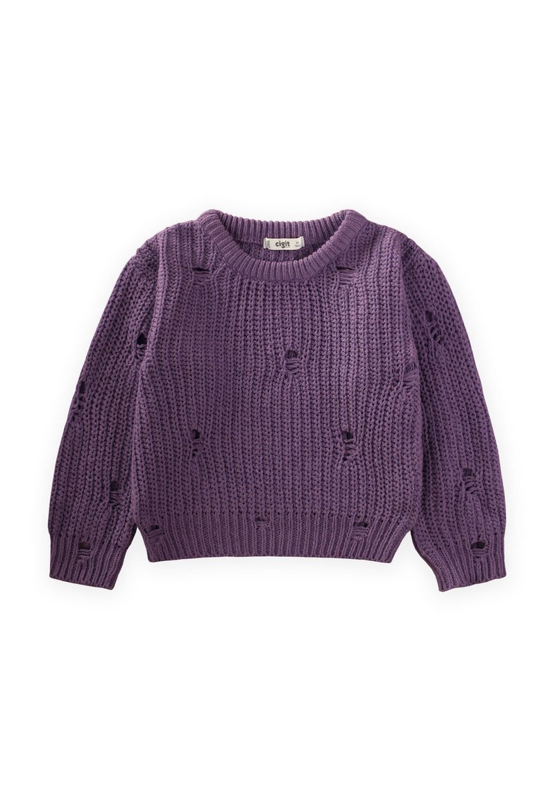 Maglione viola lavorato a maglia con scollo rotondo a coste e dettagli traforati su tutta la superficie, con maniche lunghe e vestibilità morbida.
