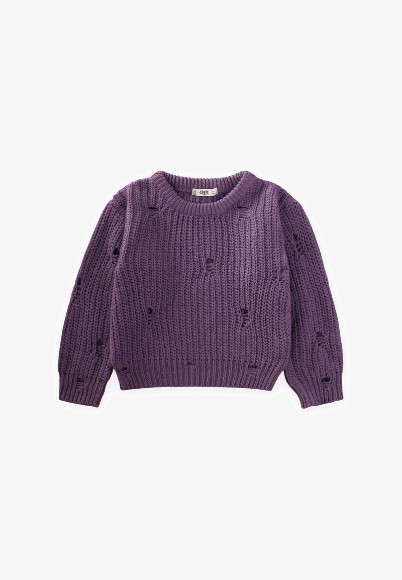 Maglione viola lavorato a maglia con scollo rotondo a coste e dettagli traforati su tutta la superficie, con maniche lunghe e vestibilità morbida.