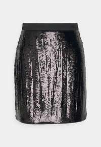 Musta paljeteilla mini-hame, jossa on pystysuuntainen raidoitus. Hameessa on joustava vyötärö ja kimaltava pinta, joka heijastaa valoa paljeteista.