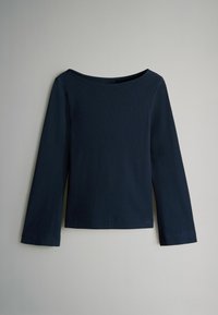 Námořnická modrá blúzka s dlouhým rukávem a lodičkovým výstřihem. Vyrobená z hladké látky, má jednoduchý, čistý design a mírně rozšířené rukávy.