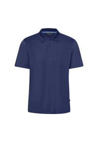 Mörkblå polo t-shirt tillverkad av mjukt tyg, med korta ärmar, krage, tre knappar och en liten bröstficka.