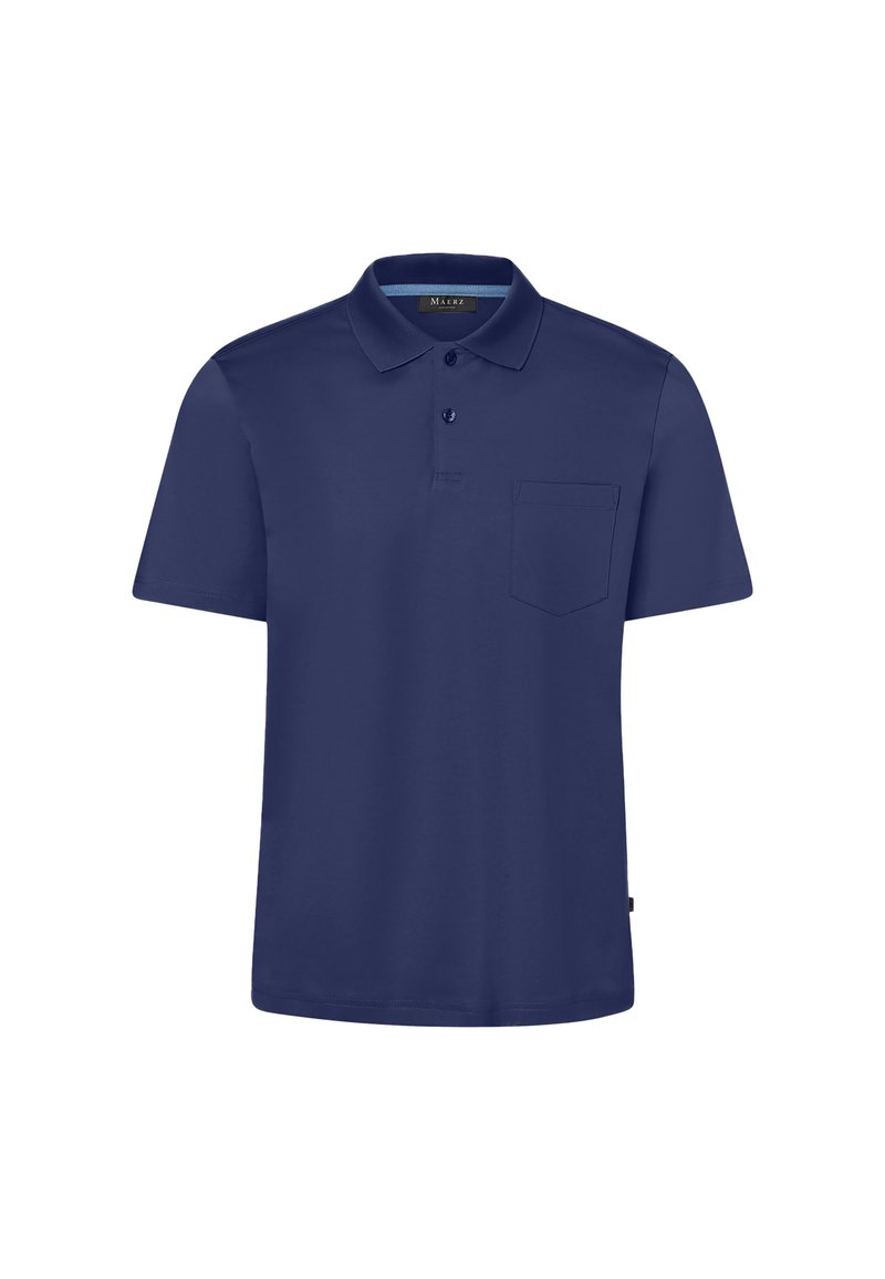 Mörkblå polo t-shirt tillverkad av mjukt tyg, med korta ärmar, krage, tre knappar och en liten bröstficka.