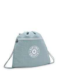 Borsa a spalla azzurro chiaro con coulisse realizzata in nylon testurizzato, dotata di tasca frontale con zip e un logo bianco con motivo a stella.
