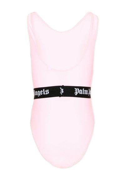 Body sans manches rose clair avec une ceinture élastique noire comportant un texte blanc style gothique « Palm Angels ».