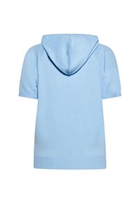 Hoodie a maniche corte di colore azzurro, realizzato in tessuto lavorato a maglia. Presenta un cappuccio con coulisse e un orlo a coste, con una texture liscia in tutto il capo.