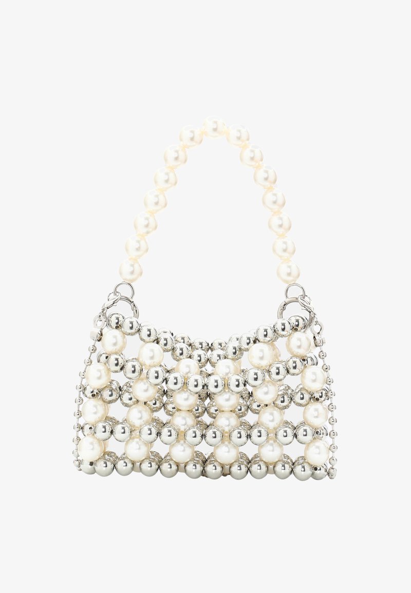 Perle- og sølvperle håndtaske med et struktureret design, der har en perlestraps, kugleformede detaljer og en tekstureret overflade.