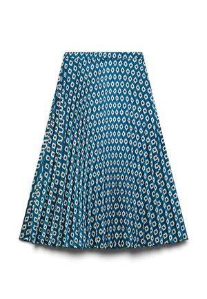 Jupe plissée bleue avec motif losanges blanc et noir, silhouette évasée en ligne A et taille élastique.