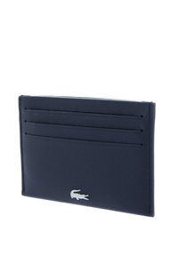 Portofel din piele bleumarin cu multiple sloturi pentru carduri, design elegant, având un mic accent cu logo argintiu pe o parte. Textură netedă.