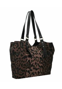 Borsa tote con stampa leopardata marrone, con manici in pelle sintetica nera, caratterizzata da un design strutturato e dettagli in ottone.