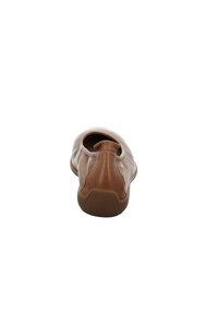 Brown leather slip-on shoe with a smooth finish and rounded toe. Features a low profile and flexible rubber sole for comfort.