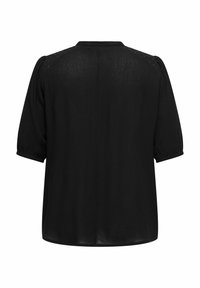 Blusa nera con maniche a sbuffo corte, scollo rotondo e vestibilità ampia. Il tessuto ha un aspetto testurizzato con una leggera lucentezza.