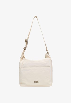 Beige crossbody-taske med justerbar rem, lynlåslukning og "TKLASS"-logo på forsiden, lavet af glat stof.