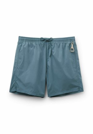 Men’s teal swim shorts with elastic waistband, drawstring, side pockets, and a metal bottle opener attached to right pocket.