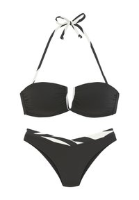 Čierny bikiny set obsahujúci bandeau top s riasením a odnímateľným zaväzovaním za krkom, doplnený o nízko vyrezané spodky zvýraznené bielymi pruhmi.