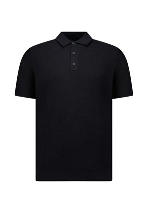 Zwart poloshirt met korte mouwen, drie knopen aan de voorkant en geribde zoom, weergegeven tegen een witte achtergrond.