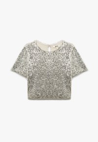 Zilveren pailletten crop top met korte mouwen, ronde hals en opening aan de achterkant. Kenmerkt zich door een verloop shimmereffect met intrigerende patronen.