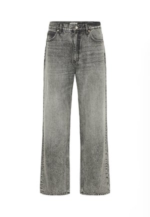 Jean large gris en denim avec une finition délavée. Comprend des poches avant, des passants de ceinture et une fermeture éclair avec un bouton.
