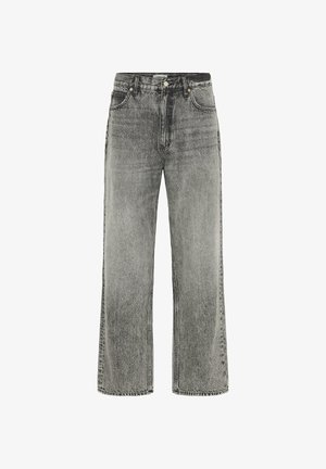 Gray wide-leg jeans made from denim with a faded finish. Features front pockets, belt loops, and a zip fly with button closure.