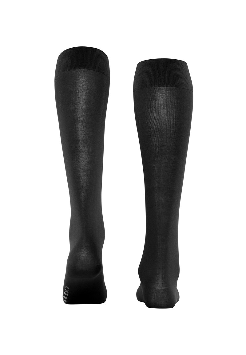Czarne skarpetki do kolan, wykonane z gładkiego, elastycznego materiału. Posiadają żeberkowy ściągacz na górze oraz bezszwowy fason na palcach dla większego komfortu.