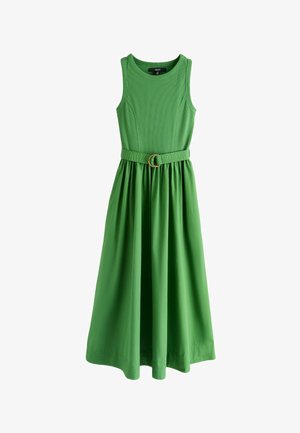 Rochie midi verde, fără mâneci, cu corset mulat, decolteu rotund, fustă plisată și curea din același material, cu cataramă aurie în talie.