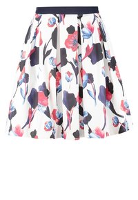 Gonna floreale con pieghe, caratterizzata da uno sfondo bianco decorato con fiori rossi, blu e neri. Vita elastica in blu navy.