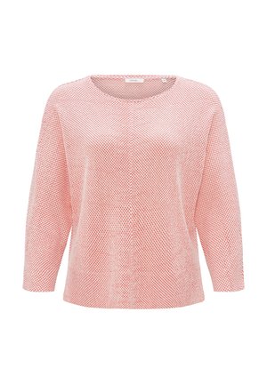 Lightweight, loose-fitting top with a round neckline. It features a textured knit pattern in coral with three-quarter sleeves.