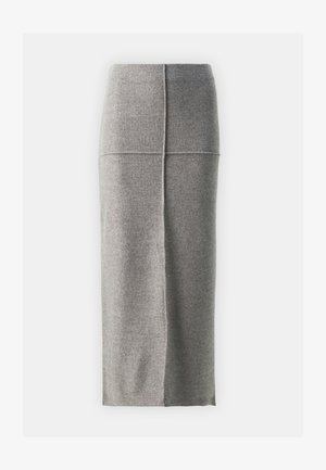 Jupe midi en mélange de laine grise, avec une coupe droite, des détails de couture à l'avant et une texture subtile. Sans fermetures visibles.