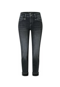 Dunkelblaue Denim-Jeans mit mittelhohem Bund, fünf Taschen, Kontrastnähten und umgeschlagenen Säumen. Verfügt über eine glatte Textur und eine taillierte Form.
