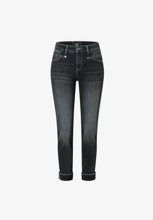 Dark denim jeans with a mid-rise waist, five pockets, contrast stitching, and rolled cuffs. Features a smooth texture and fitted shape.