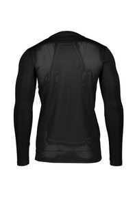Zwarte langemouwen shirt met een mesh achterkant, een gladde textuur en een aansluitend ontwerp. Voorzien van een hoge kraag en subtiele stiksels.