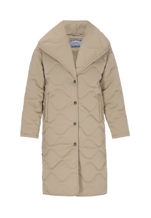 Bežani kaput s kvadratnim uzorkom i velikim ovratnikom, s valovitim šavovima, dva bočna džepa i dugmadima od vrha do dna.