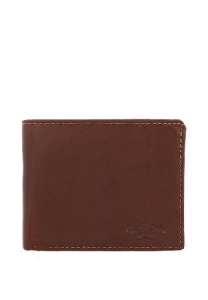 Brown leather bifold wallet with visible stitching and embossed brand logo on the bottom right corner.