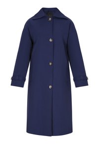 Marineblauer Trenchcoat aus robustem Material, mit einem Kragen, Knopfverschluss und verstellbaren Manschetten mit dekorativen Knöpfen.