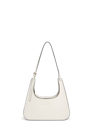 Petit sac à bandoulière blanc en cuir avec une bandoulière réglable et un logo embossé subtil sur le devant.