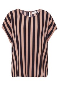 Blusa con un diseño holgado y mangas cortas, fabricada con un tejido suave, que presenta rayas verticales alternadas en negro y rosa claro.