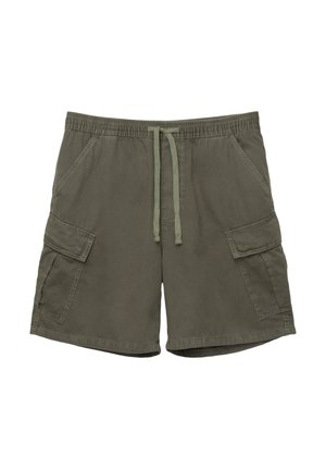 Shorts cargo verts olive en mélange de coton, dotés d'une taille élastique avec cordon de serrage, de deux poches latérales et de deux poches cargo.