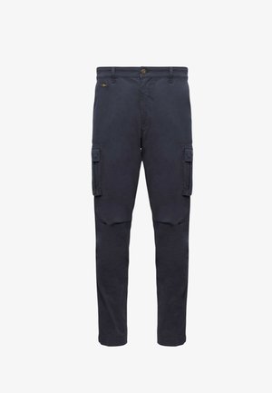 Pantaloni cargo blu navy in misto cotone, con due tasche laterali e chiusura con bottone. Design a gamba dritta con vestibilità comoda.