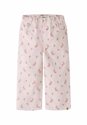 Pantalon rose clair pour tout-petit avec imprimé floral rouge, taille élastique, poches avant et coupe droite.