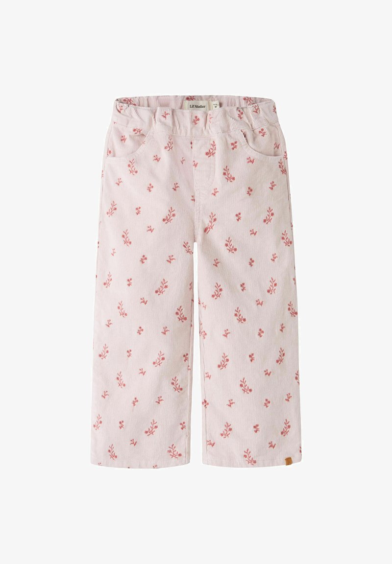 Pantalon rose clair pour tout-petit avec imprimé floral rouge, taille élastique, poches avant et coupe droite.