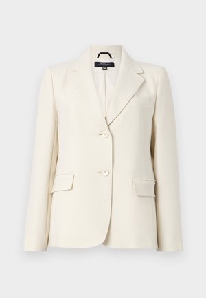 Blazer avorio realizzato in tessuto morbido, con rever a punta, due bottoni e due tasche anteriori, caratterizzato da un design pulito e strutturato.