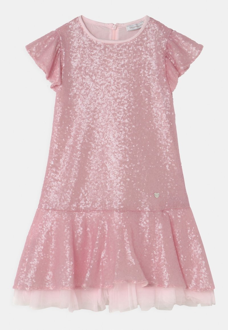 Pink sequin dress with short flutter sleeves and a flared skirt. Features a zipper back and a small heart accent on the lower side.