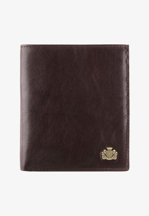 Portafoglio in pelle marrone con una texture liscia, dettaglio del logo in rilievo dorato e bordi cuciti. Design pieghevole a due e forma compatta.