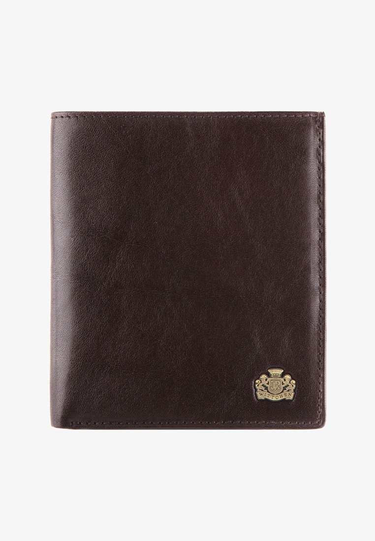 Hnědá kožená peněženka s hladkou texturou, s vyraženým logem ve zlaté barvě a prošitými okraji. Dvoubarevný design a kompaktní tvar.