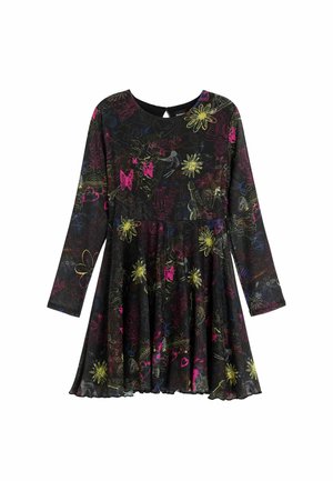 Sort langærmet kjole med farverige doodle-mønstre, herunder gule blomster, lyserøde sommerfugle og abstrakte former. Udvidet nederdel med rund halsudskæring.