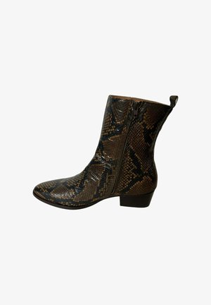 Ankle-high, pointed-toe boot with brown and black snakeskin texture, low heel, and side zipper closure.