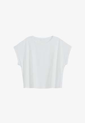 Hvid kortærmet crop top med rund halsudskæring og løs pasform, vist på en ensfarvet baggrund.